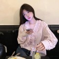 粉条纹木耳边衬衫